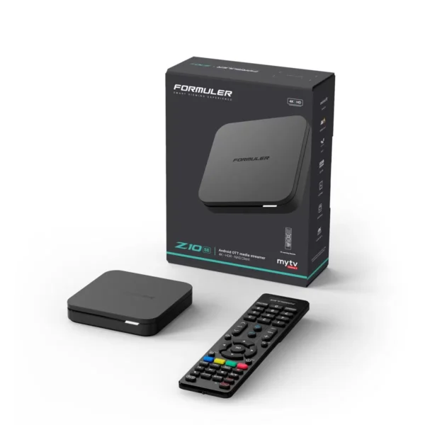 Produktbild av en Formuler Z10 SE IPTV set-top box med dess förpackning, fjärrkontroll och enhet som visas på en vit bakgrund. Inkluderar stöd för IPTV-kanaler.